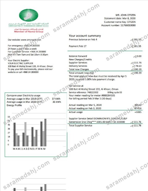 Oman Electricity Transmission Company electricity utility bill template in Word and PDF format